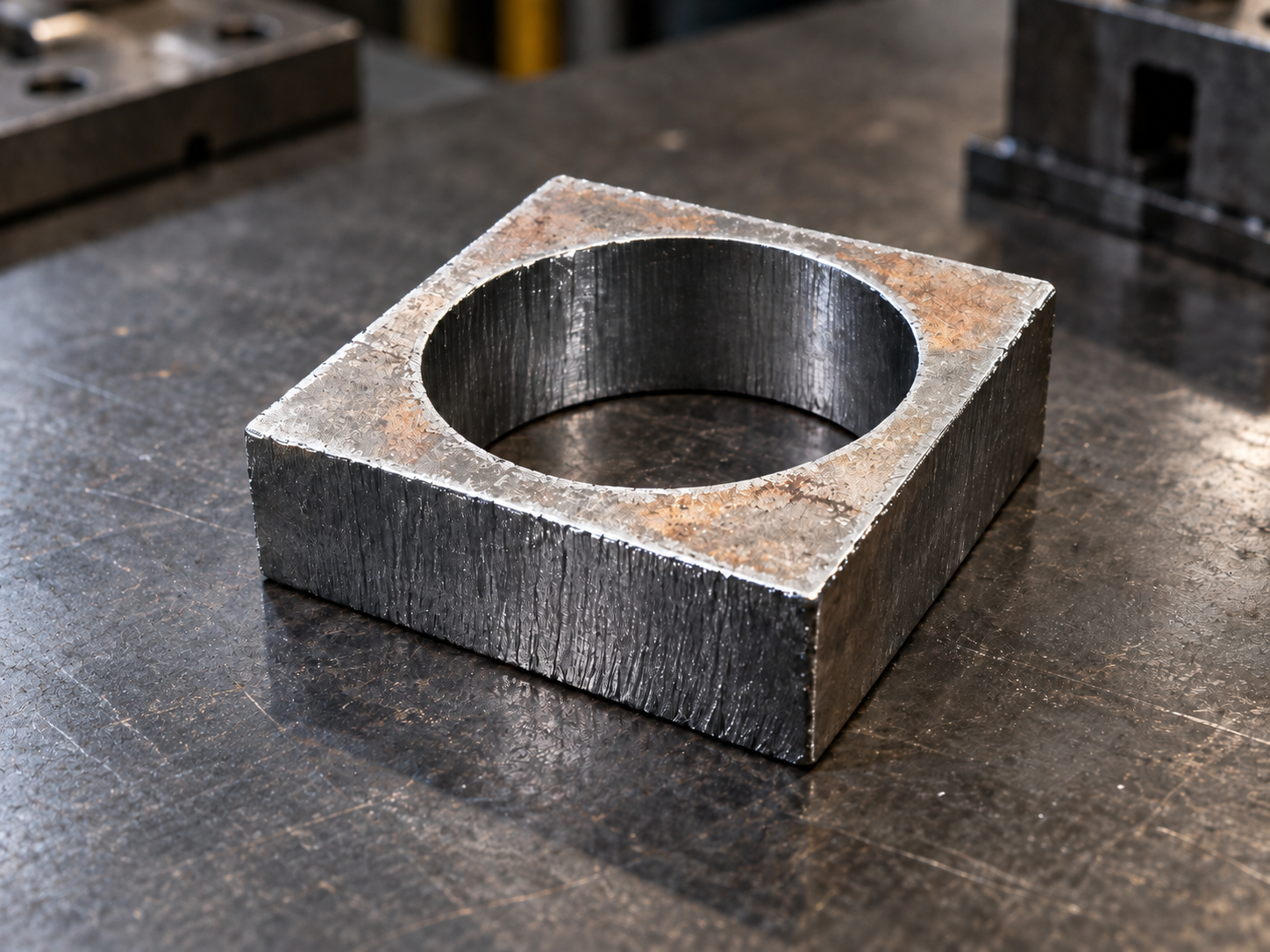 Thick square steel part with a large laser-cut hole