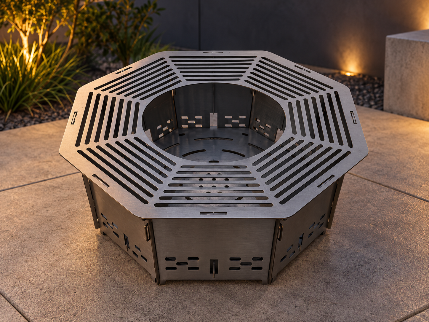 Finished tab-and-slot laser-cut fire pit assembly